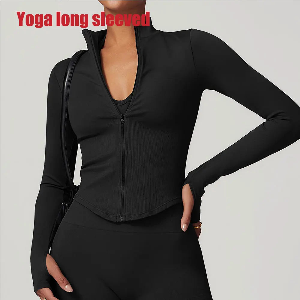 Women's Zipper Crop Sports Jacket Long Sleeve Yoga T-Shirt Solid Quick Dry Fitness Top Gym Running Workout Sportswear