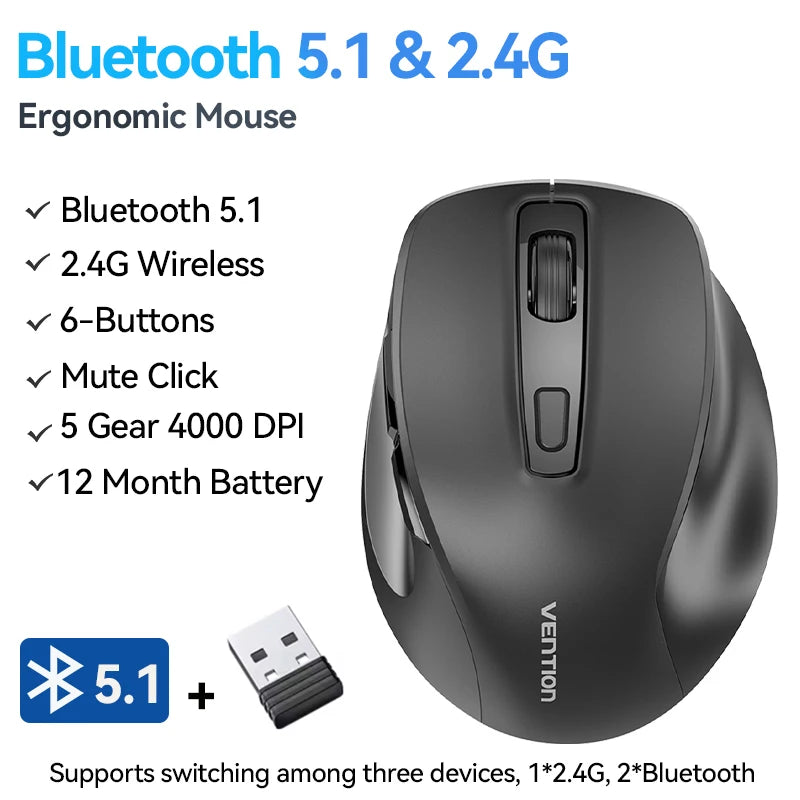 Vention Wireless Bluetooth 5.1 Mouse USB 2.4G Dual-Mode Ergonomic 4000 DPI Mute 6 Button Mouse for MacBook Tablet Laptop PC Mice