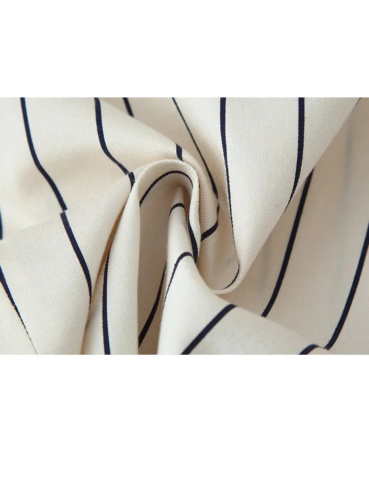 HH Women 2026 New Fashion Versatile Beige Striped Puffy Sleeve Shirt+High Waisted Loose Pleated Casual Long Pants Two Piece  Set