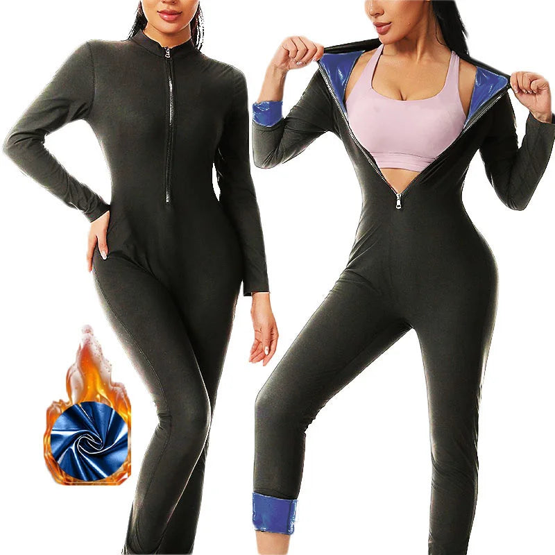 MrifDila Sauna Suit Jumpsuit Full Zip Up Sweatsuit Hot Sweating Jumpsuit Long Sleeve Romper Bottom Pants Sweating Bodysuit Shape Image principale du produit