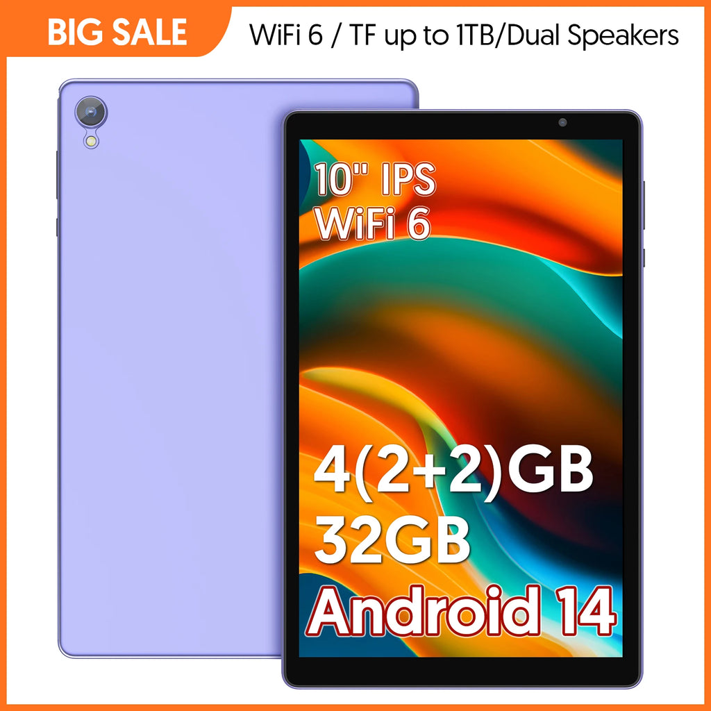 10-inch tablet, Android 14, quad-core processor, 4GB RAM (2GB+2GB expandable), 32GB storage, Wi-Fi, dual cameras, 6000mAh