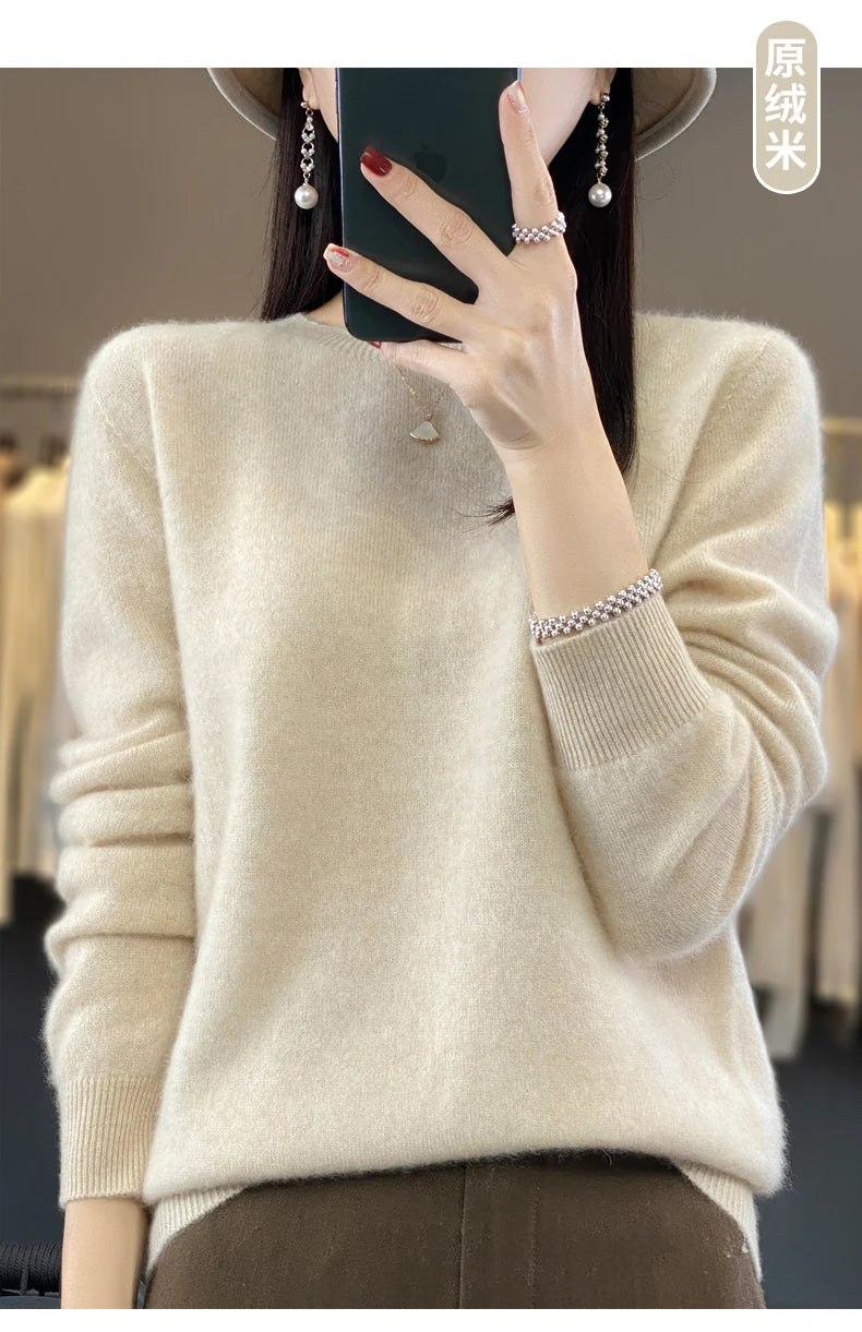 100% Merino Wool Sweater Women O-neck Cashmere Knitwear Female Pullover Autumn Winter Casual Tops Solid Color Soft  Clothing