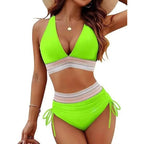 Sexy Deep V-Neck Bikini Swimsuit Set Women 2026 Summer Beach with Chest Cushion Swimwear High Waist Drawstring Triangle Bikini
