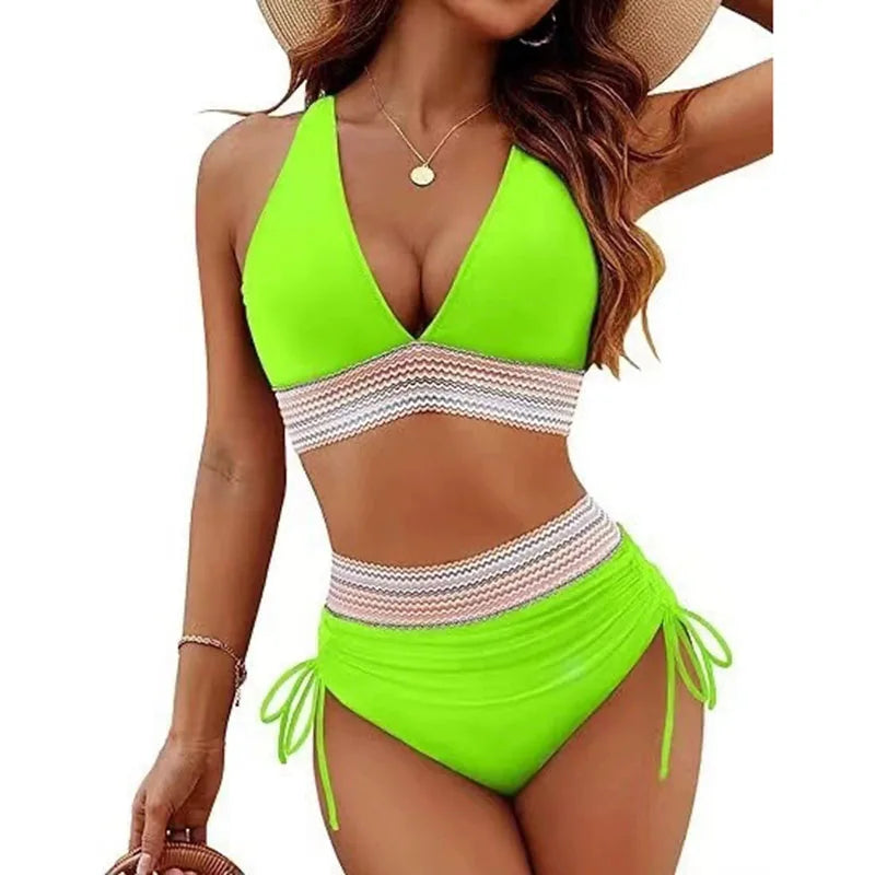 Sexy Deep V-Neck Bikini Swimsuit Set Women 2026 Summer Beach with Chest Cushion Swimwear High Waist Drawstring Triangle Bikini