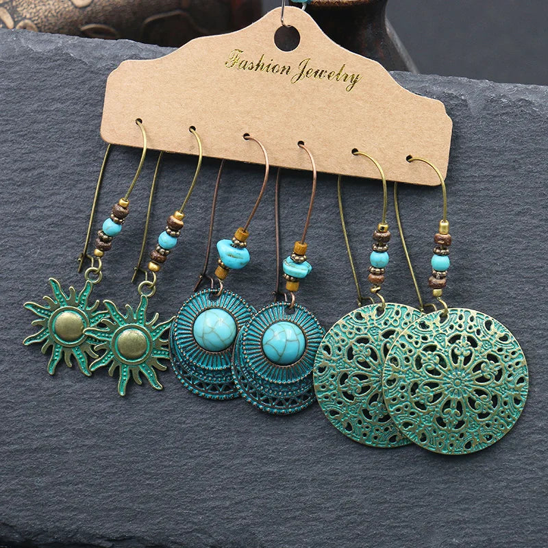 Boho 3Pcs/set Ethnic Leaf Bronze Earrings Set Vintage Hanging Earrings for Women Gypsy Statement Jewelry Accessories Pendientes