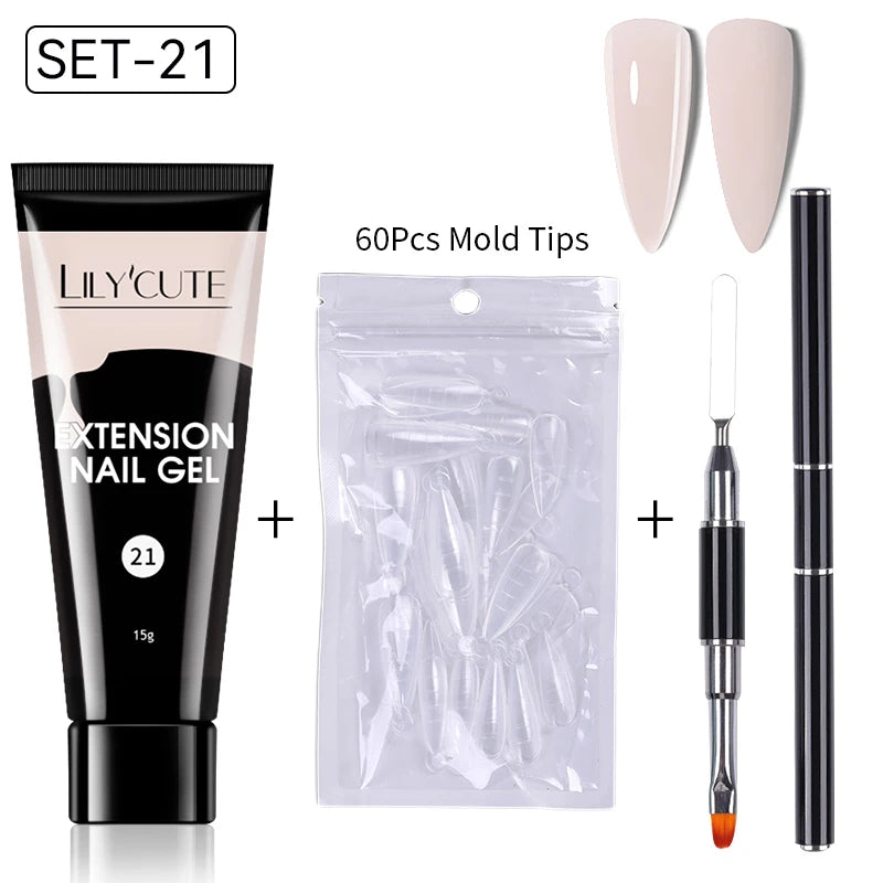 LILYCUTE 15ml Extension Gel Nail Polish Set Quick Nail Prolong With Extend Mold Nail Tips Acrylic Solution Manicure Tools Kit