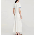 Elegant Contrasting Women Knit Maxi Dress Chic O-neck Short Sleeve Metal Buttons Bodycon Dresses Office Lady Commuting Robe
