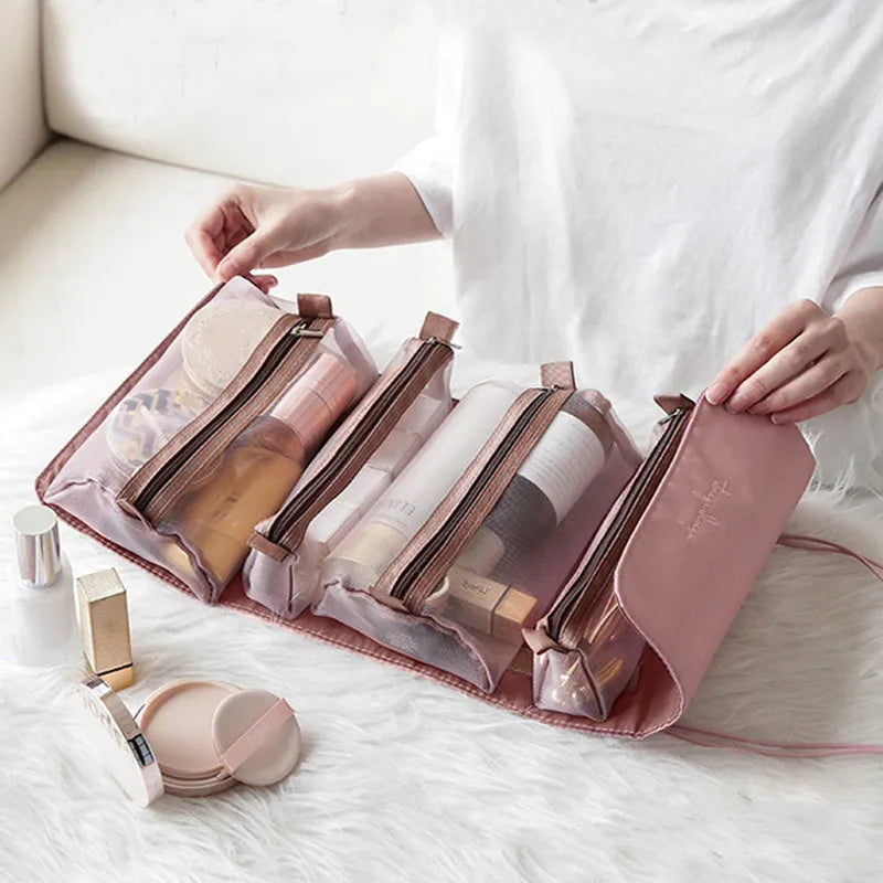 4 in 1 Cosmetic Bag For Women Zipper Mesh Separable Cosmetics Pouch Ladies Foldable Nylon Bag Rope Makeup Bag Kosmetyczka