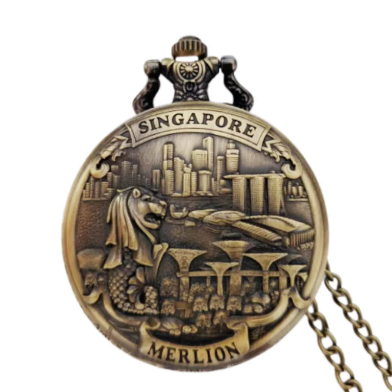 Retro Charm Neutral Fashion Merlion Scenic Spot Carving Quartz Pocket Watch Steampunk Men's and Women's Necklace Pendant Gift Image principale du produit