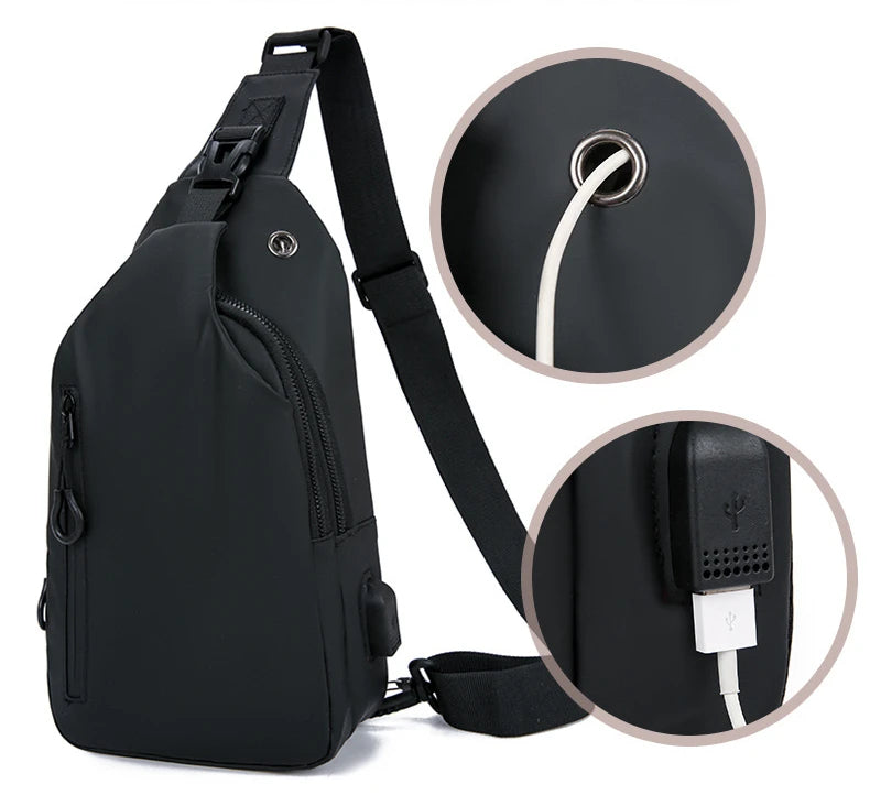 Men Bag Fashion New Solid Color Men Chest Bag Outdoor Casual Fashion One Shoulder Crossbody Bag Nylon USB Charging Shoulder Bags