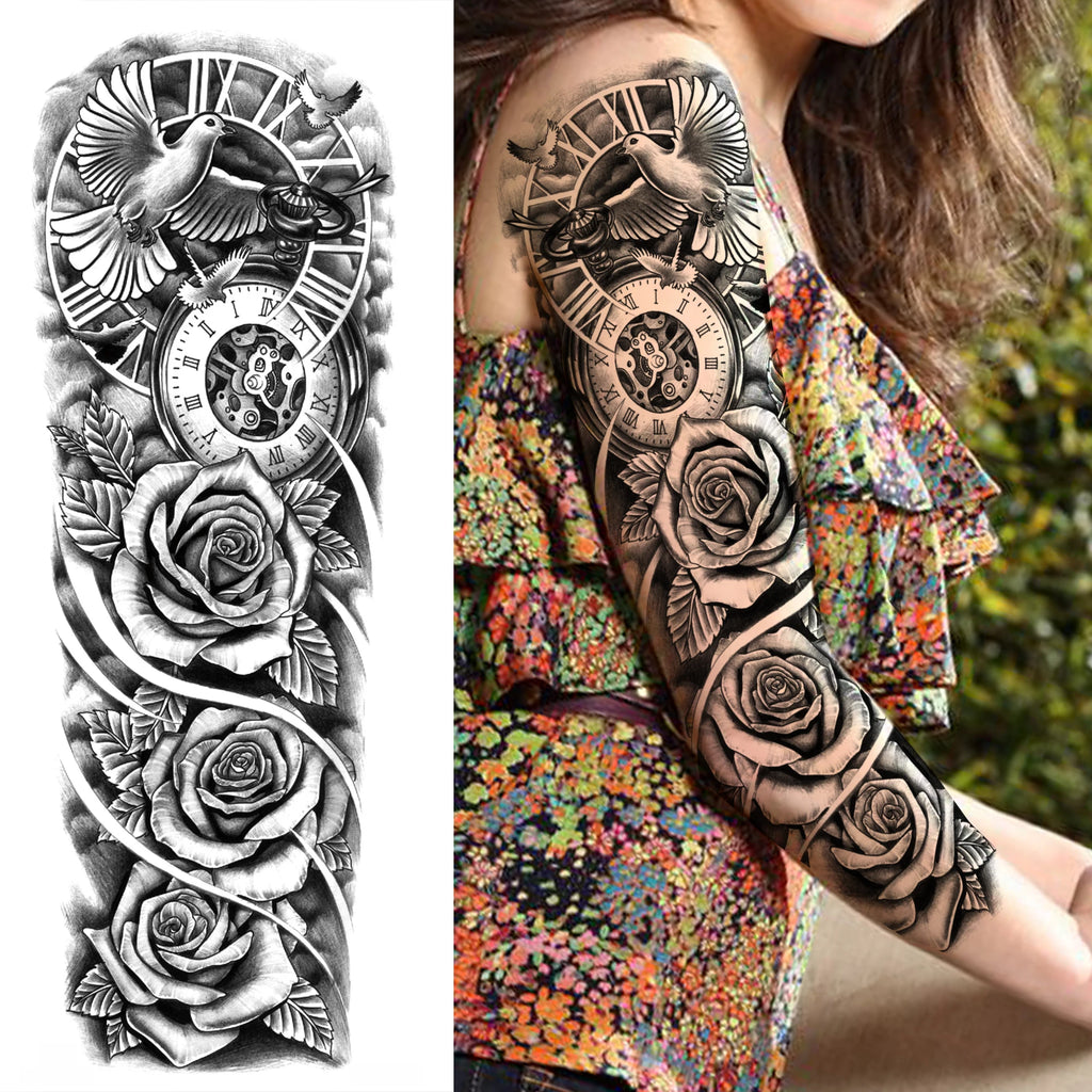 1 Sheet Full Arm Compass Zeus Skull Tiger Lion Flower Temporary Tattoos Sleeve For Men Women Adults Fake Temp Sticker Tattoo