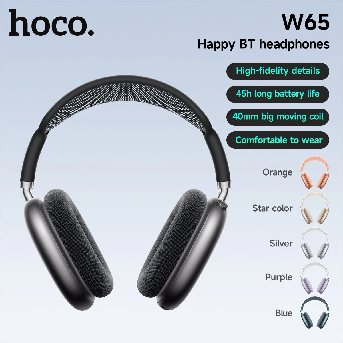 hoco Over the Ear Bluetoothe 5.4 Headphones Sports Wireless Earphone Headsets with Microphone for Phone Call Fabric Eartips Main image