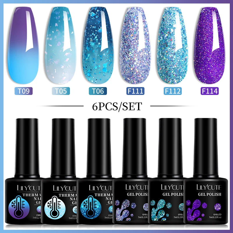 LILYCUTE 7ML 6PCS Neon Gel Nail Polish Set fluorescent Series Color Changing Semi Permanent Soak Off Manicure kit Nail Art Gel