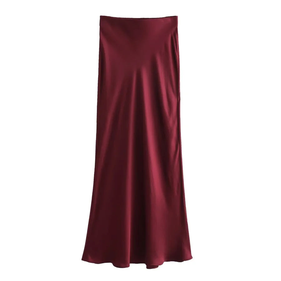 ETJ 2025  Women's spring new elegant fashion all-in-one stretch high-waisted A-line silk satin sag skirt multi-color option