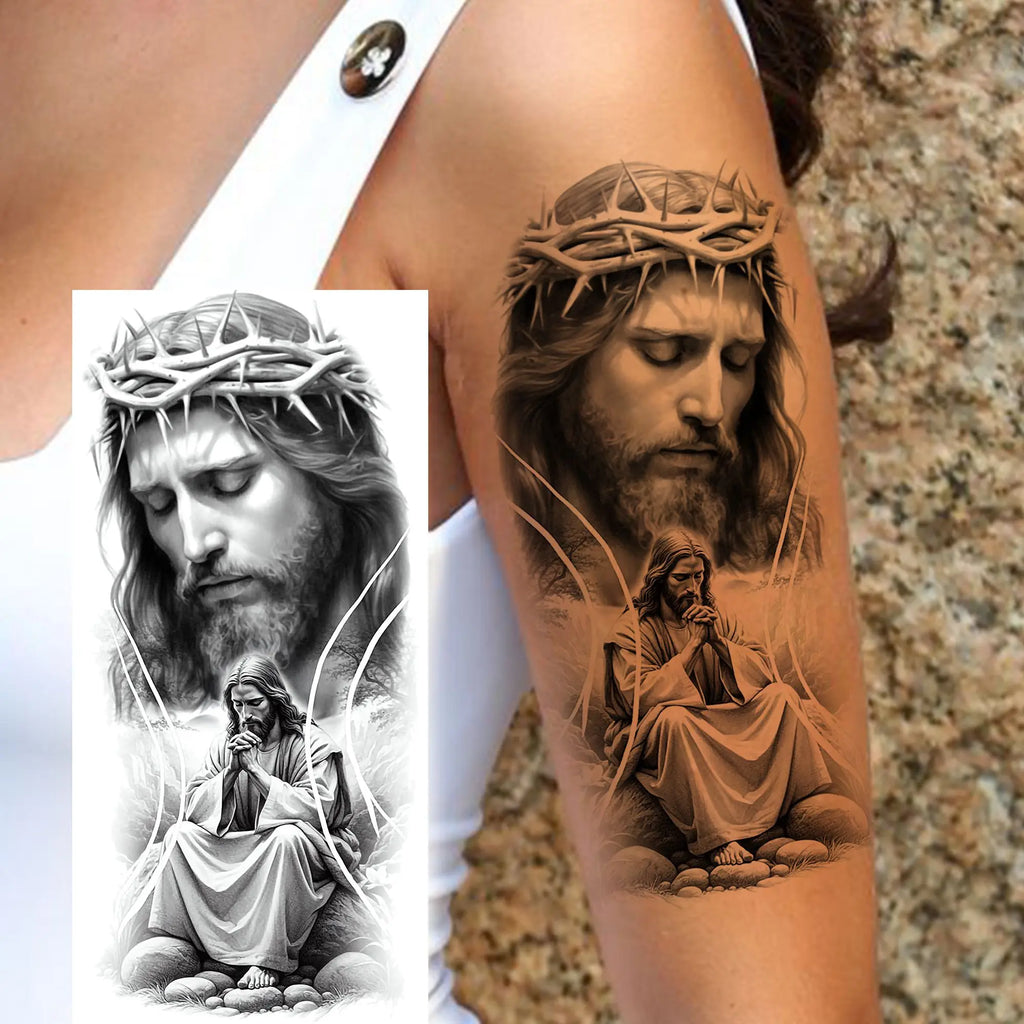 1 Sheet Realistic Jesus Holy Mother Pray Temporary Tattoos For Men Women Adults Long Lasting Waterproof Temp Fake Tattoo Sticker