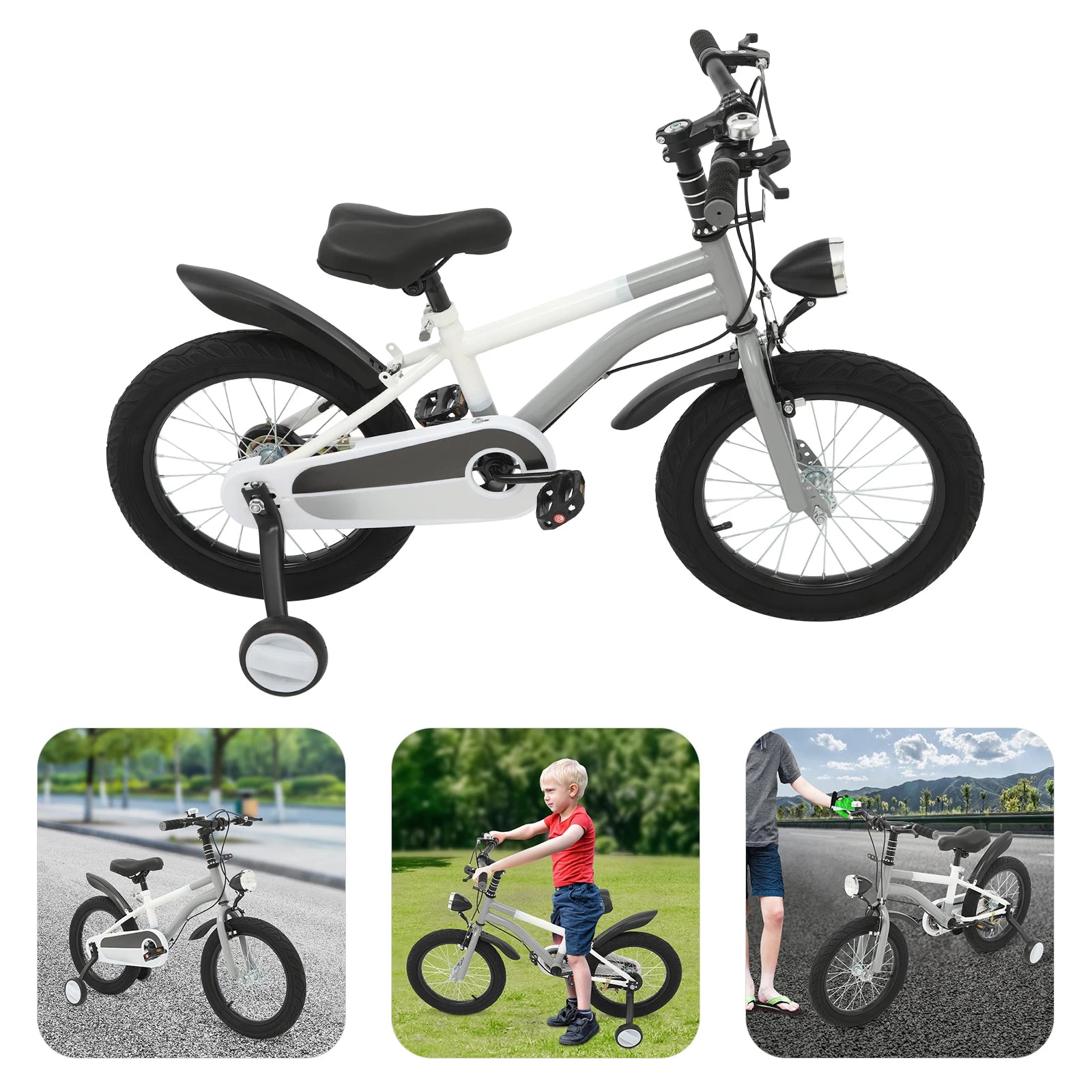16 Inch Children's Bicycle Carbon Steel Mountain Bike with Auxiliary Wheels & LED Light for 5-8 Years Old,Height Adjustable,60Kg
