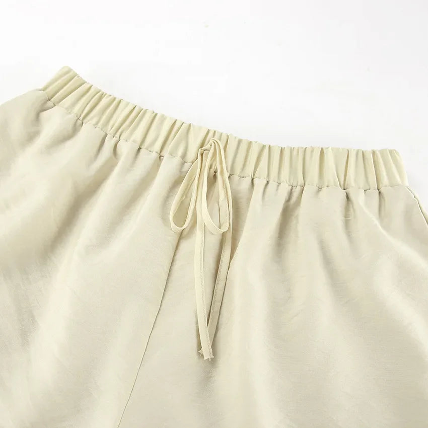 Casual Shorts Two-piece Set For Women Ruffled Loose Tie Top Simple Shorts Set OL Office Lady Summer Female Shorts Suit