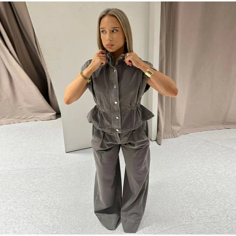 Denim Vest Loose Long Pants Woman Set High Neck Single Breasted Waist Cinched Tops High Waist Trousers Chic Casual Lady New Sets