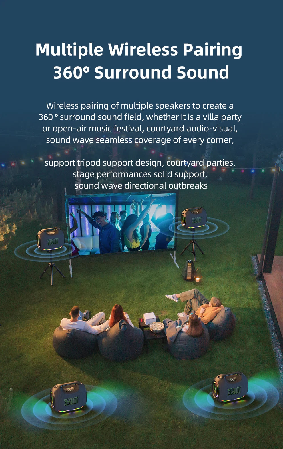 ZEALOT-ZE21 250W Portable Bluetooth Speaker High Volume Waterproof 48000mAh Wireless TWS Subwoofer Suporrt USB/TF/AUX RGB light