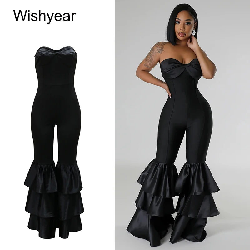 New One Pieces Jumpsuits Women Black Strapless Sleeveless Sexy Rompers Slim Fit Long Ruffles Flare Pant Night Club Even Overalls Main image