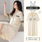 SUKAE Midi Nightdress M-5XL V-neck Bra Padded Botton Sleepshirt Plus Size Cotton Nightgowns Summer Women Short Sleeves Nightgown