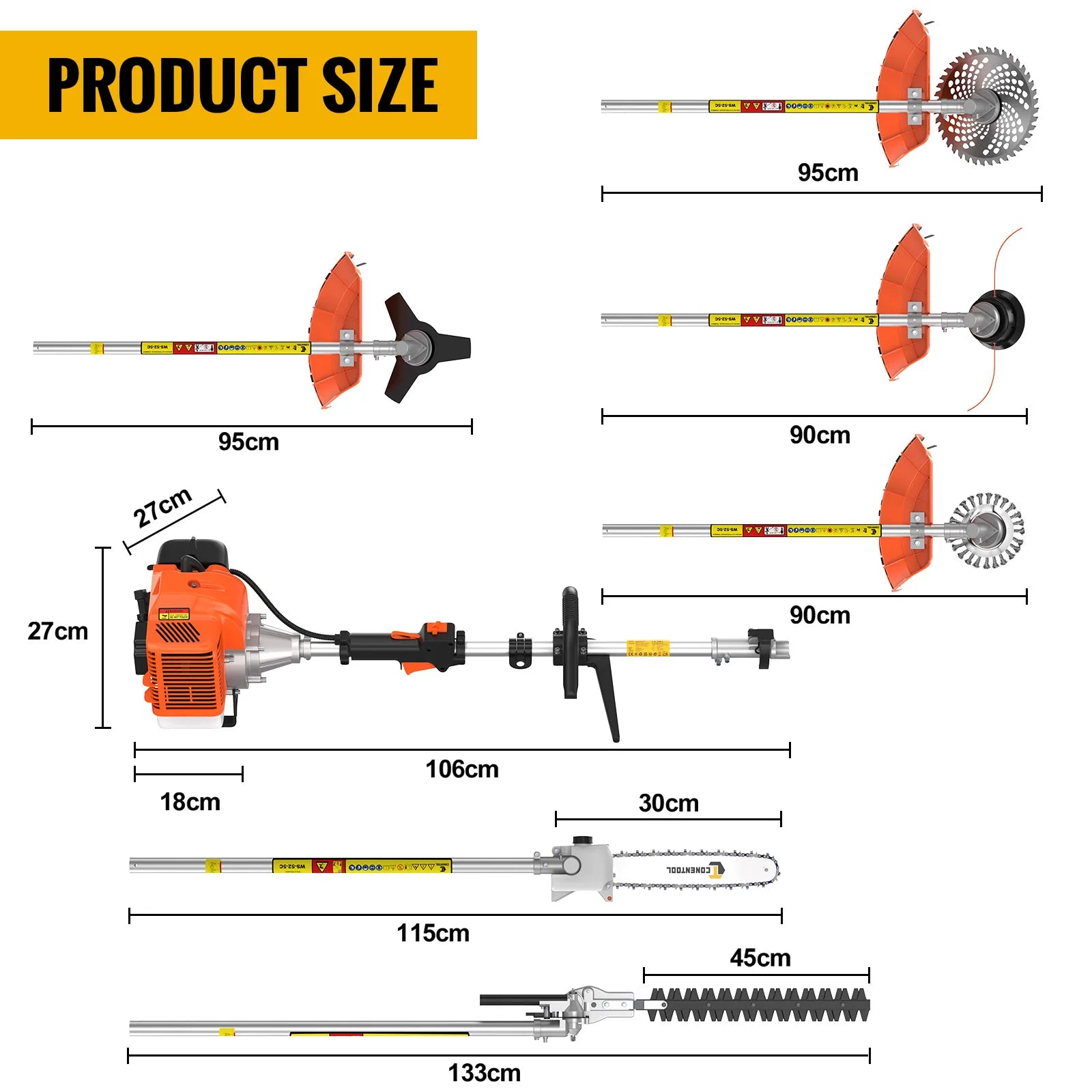 CONENTOOL 6in1 Petrol Brush Cutter 52cc 2 Stroke Gas Strimmer Multi-Functional Garden Grass Line Hedge Trimmer Tree Cutting Tool