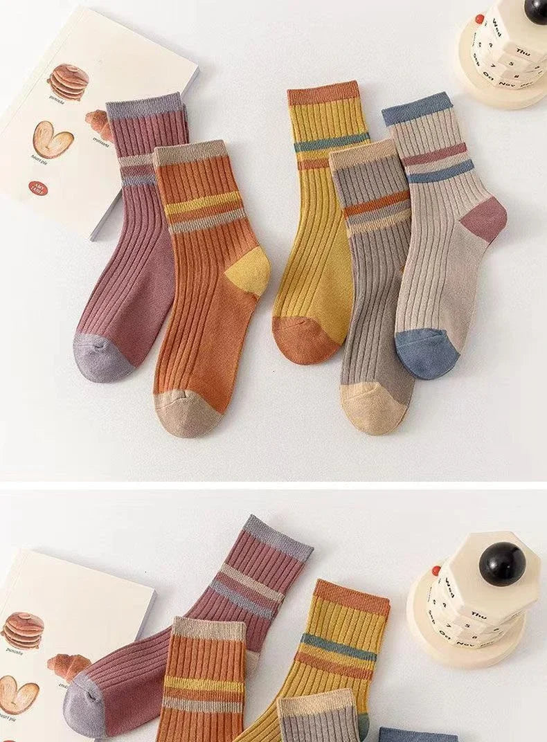5 Pairs Striped Print Socks for Women Comfy Soft Mid Tube Socks Winter  Harajuku Funny Casual Sock Women's Stockings Hosiery