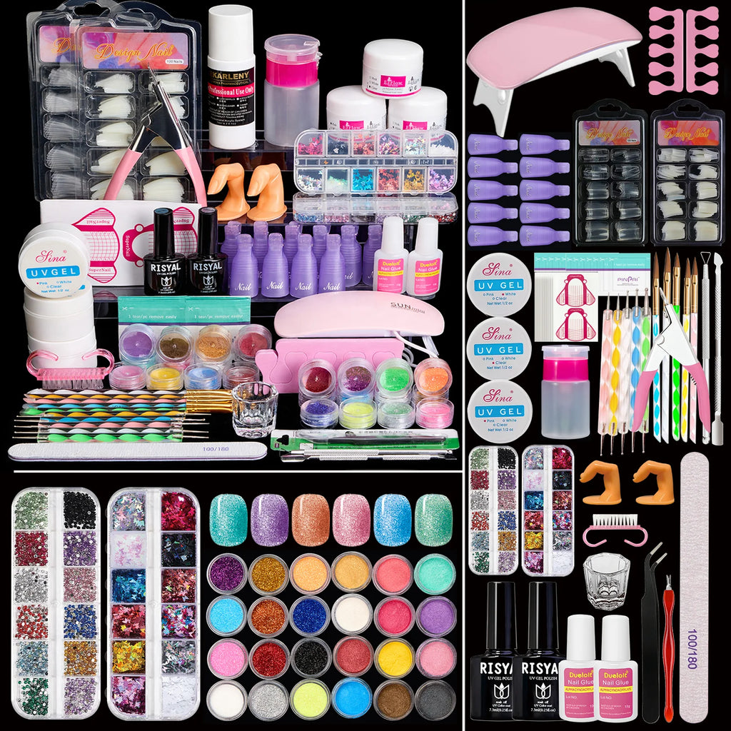 Acrylic Nail Kit with UV Light, Professional Nail Kit Acrylic Set for beginners with Everything 3PC Powder 24PC Glitter Fake Tip