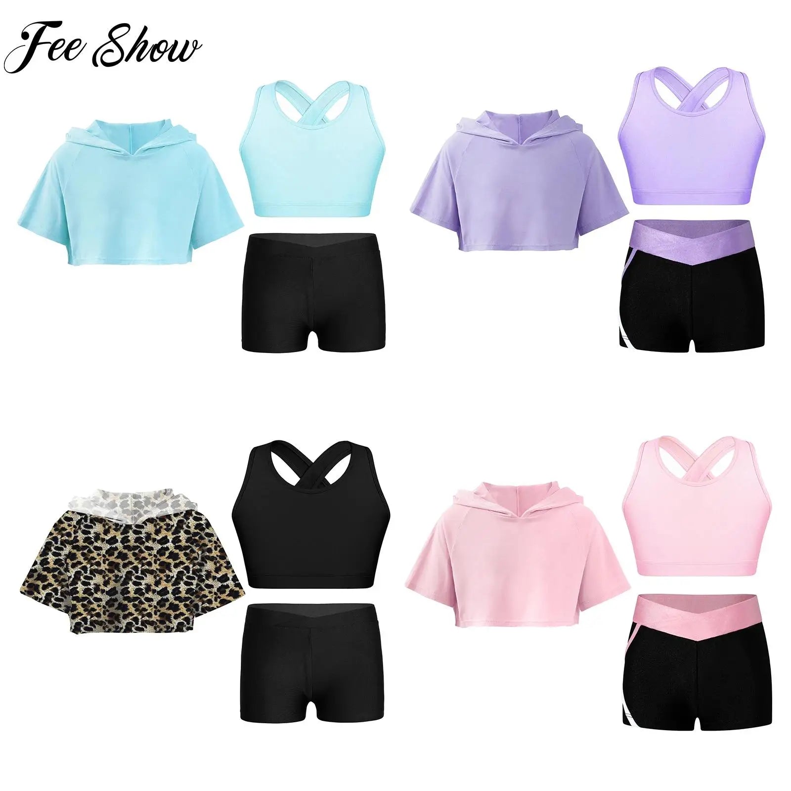 3Pcs Girls Sports Set Vest+Hooded Crop Top+Shorts Sportswear Set for Child Dance Yoga Running Cycling Workout Costume Activewear Image principale du produit