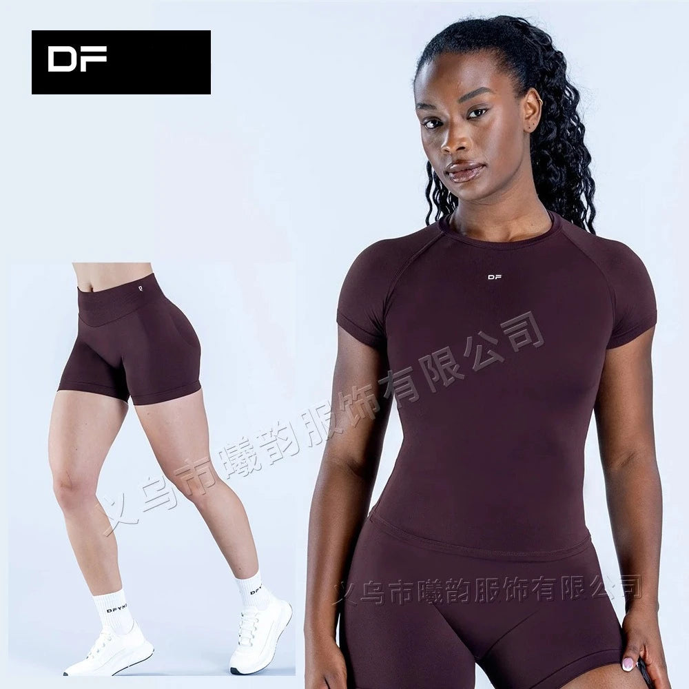 Women's Seamless 2 Piece Yoga Outfit Short Sleeve Top  High Waist Leggings/Shorts Gym Workout Activewear for Fitness Daily Wear