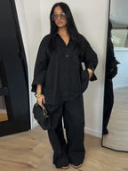 Women Solid Lapel Full Sleeves Pant Suits Chic Single Breasted Wide-leg Long Pants Sets 2026 Lady  Casual Daily Loose Fit Outfit