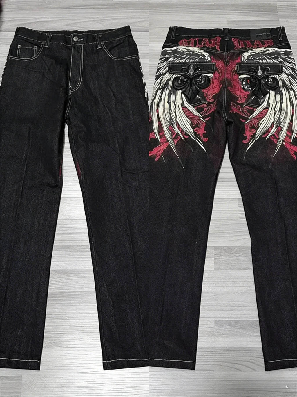 Y2K Black Washed Embroidered High-waisted Oversized Jeans Men European and American Retro Classic Loose Wide-leg Straight Pants