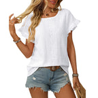 Solid Casual Loose Blouses For Women Fashion 2025 Summer Women's Hollow Short Sleeve Shirts And Blouses Elegant Female Blue Tops