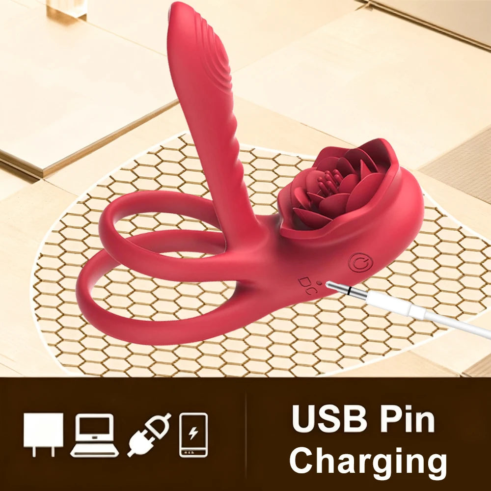 Rose Penis Ring Vibrator Female G-spot Clitoral Stimulation Male Ejaculation Delay Silicone CockRing Adult Sex Toy for Couples