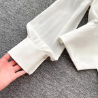 White Casual Polo-Neck Pullover Buttons Puff Sleeve Straight Women's Blouse Short Shirt Female Clothing Tops 2024 Fashion