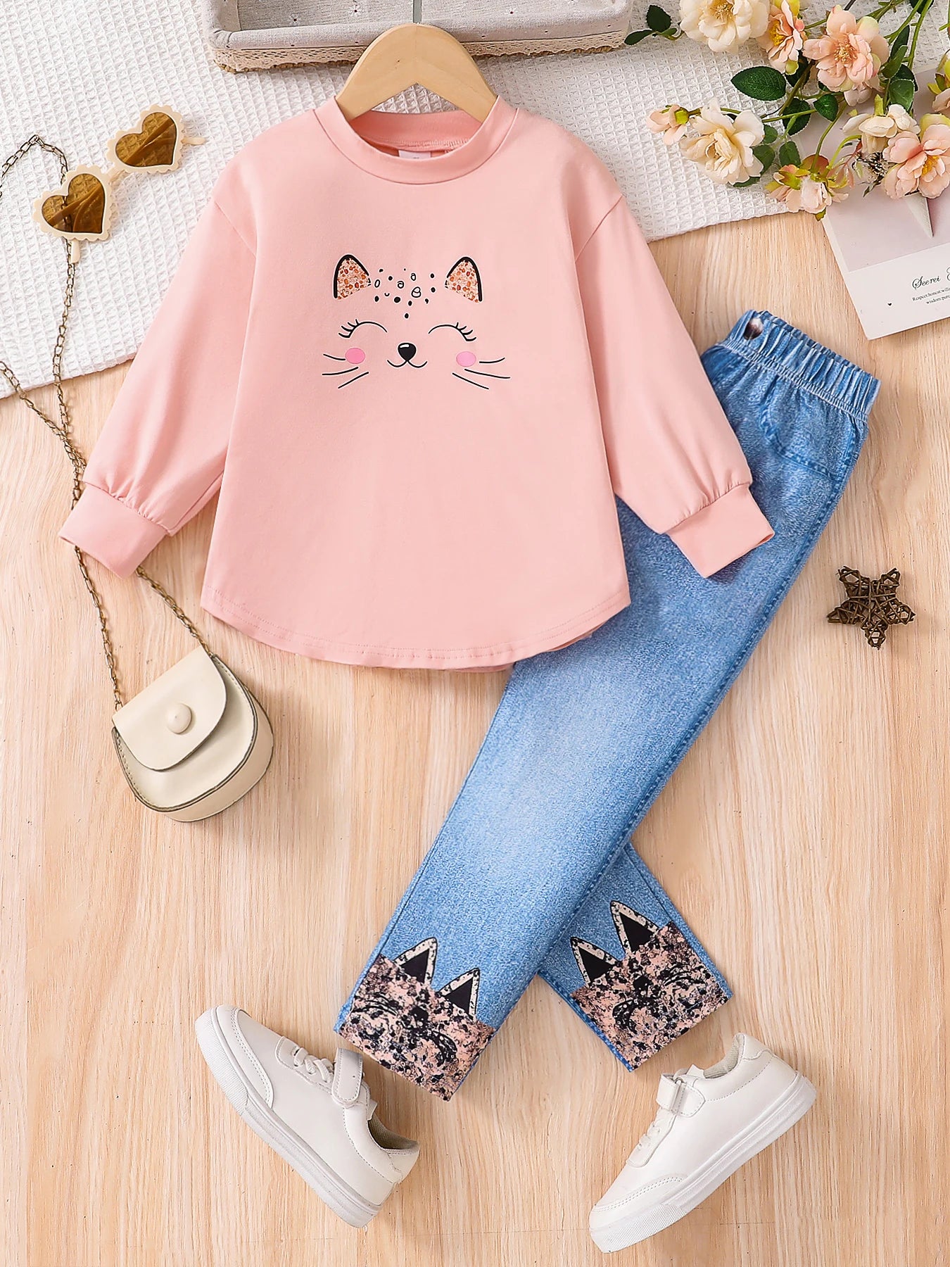 Spring and autumn girls fashion cute 2-piece set micro-elastic pink round neck cartoon long sleeve imitation denim slim pants cl Main image