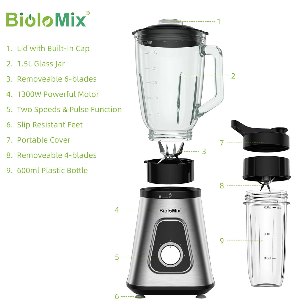 BioloMix Professional 1300W Blender with 1.5L BPA Free Glass Pitcher Perfect for Frozen Smoothies and Homemade Sauces