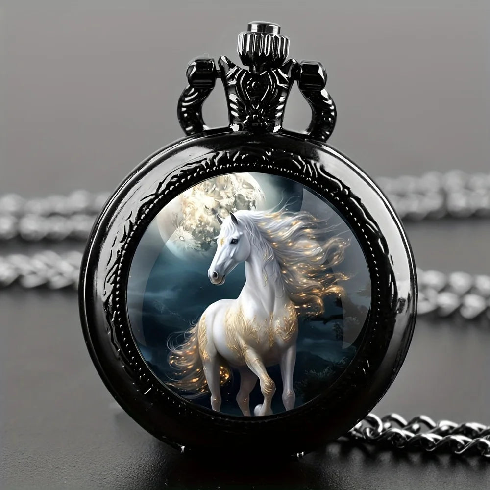 Vintage Unique Silvery Horse Animal Design Necklace Pendant Quartz Pocket Watch, Cool Exquisite Accessory for Men Women and Kids Image principale du produit