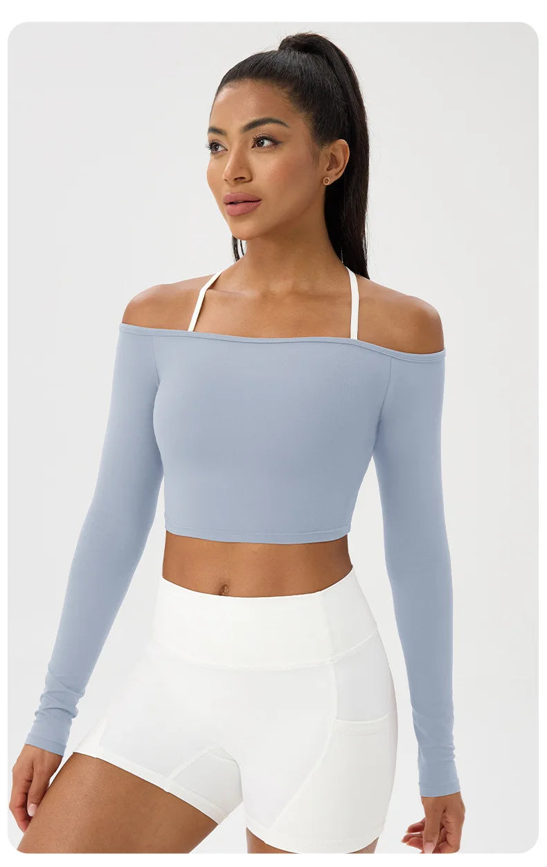 Yoga long-sleeved T-shirt women's one-shoulder sexy tight fitness wear top nude feel quick-drying sports sleeved Yoga Shirts