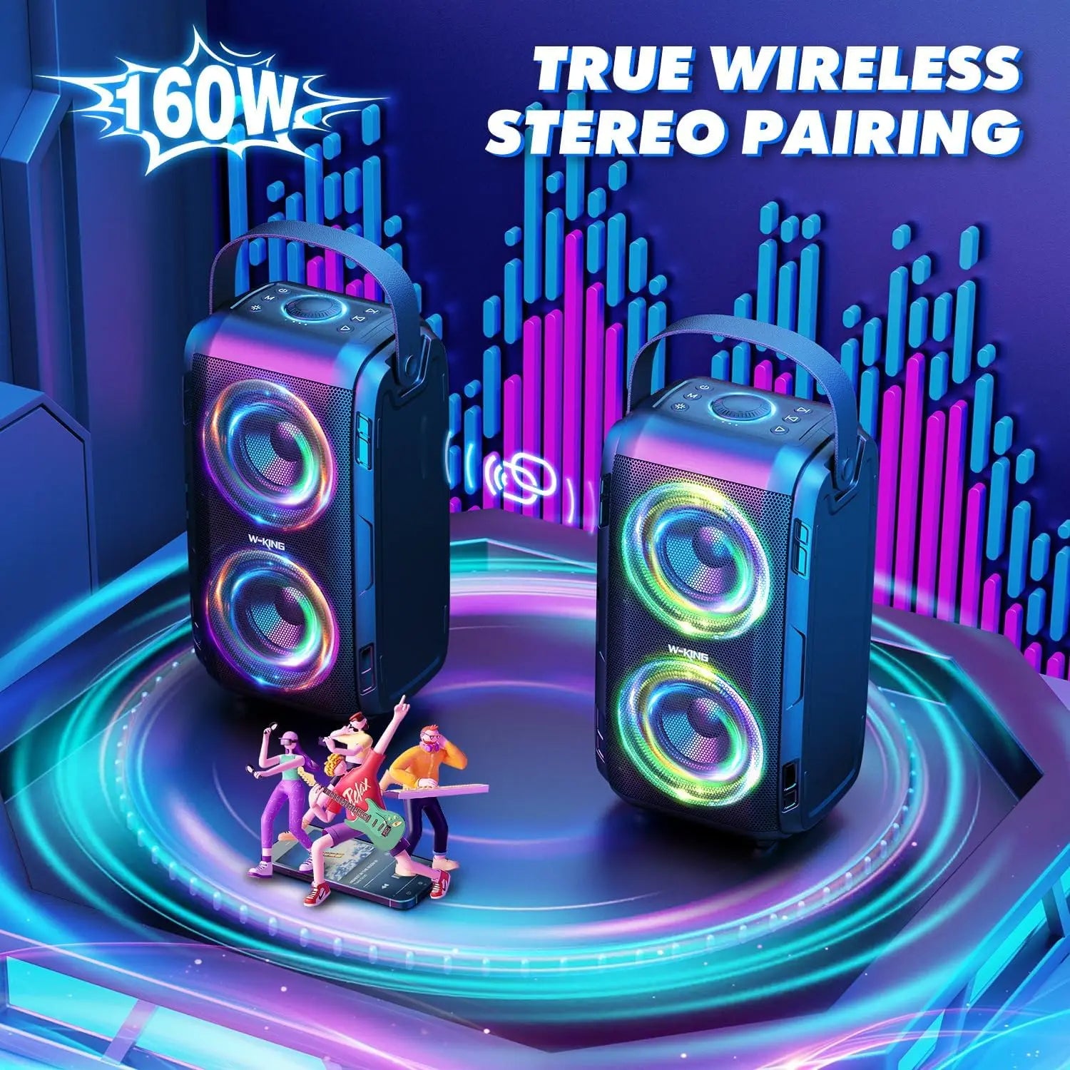W-KING 80W RMS Party Portable Speakers Bluetooth Wireless Boombox/4 Drivers(2*4.04'' Woofer), Huge 105dB Sound Large Speaker