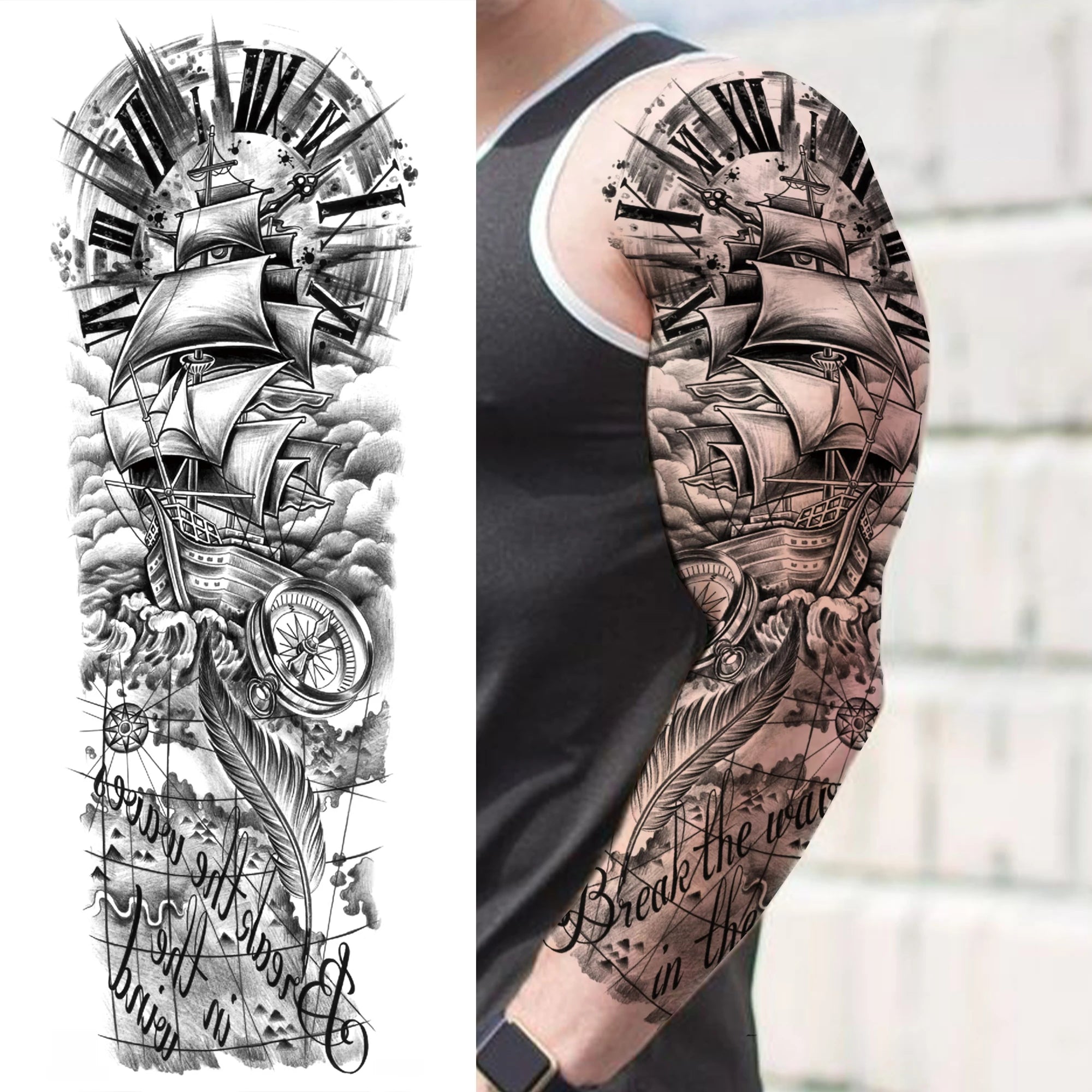 1 Sheet Full Arm Compass Zeus Skull Tiger Lion Flower Temporary Tattoos Sleeve For Men Women Adults Fake Temp Sticker Tattoo