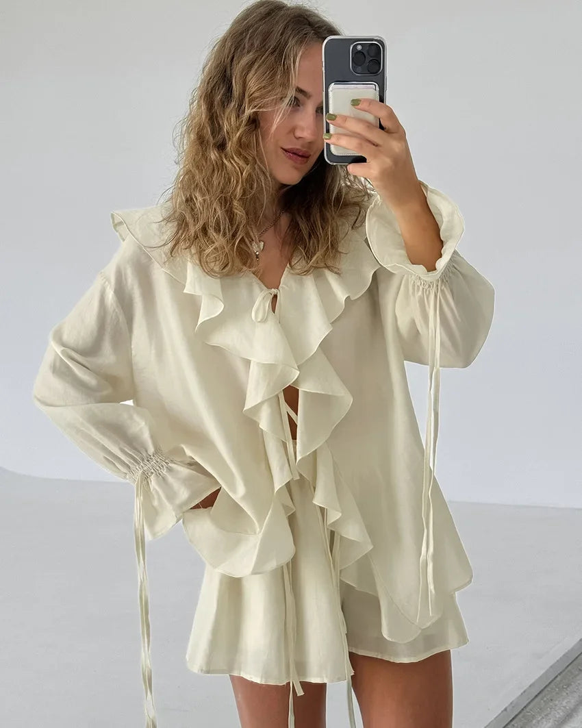 Casual Shorts Two-piece Set For Women Ruffled Loose Tie Top Simple Shorts Set OL Office Lady Summer Female Shorts Suit