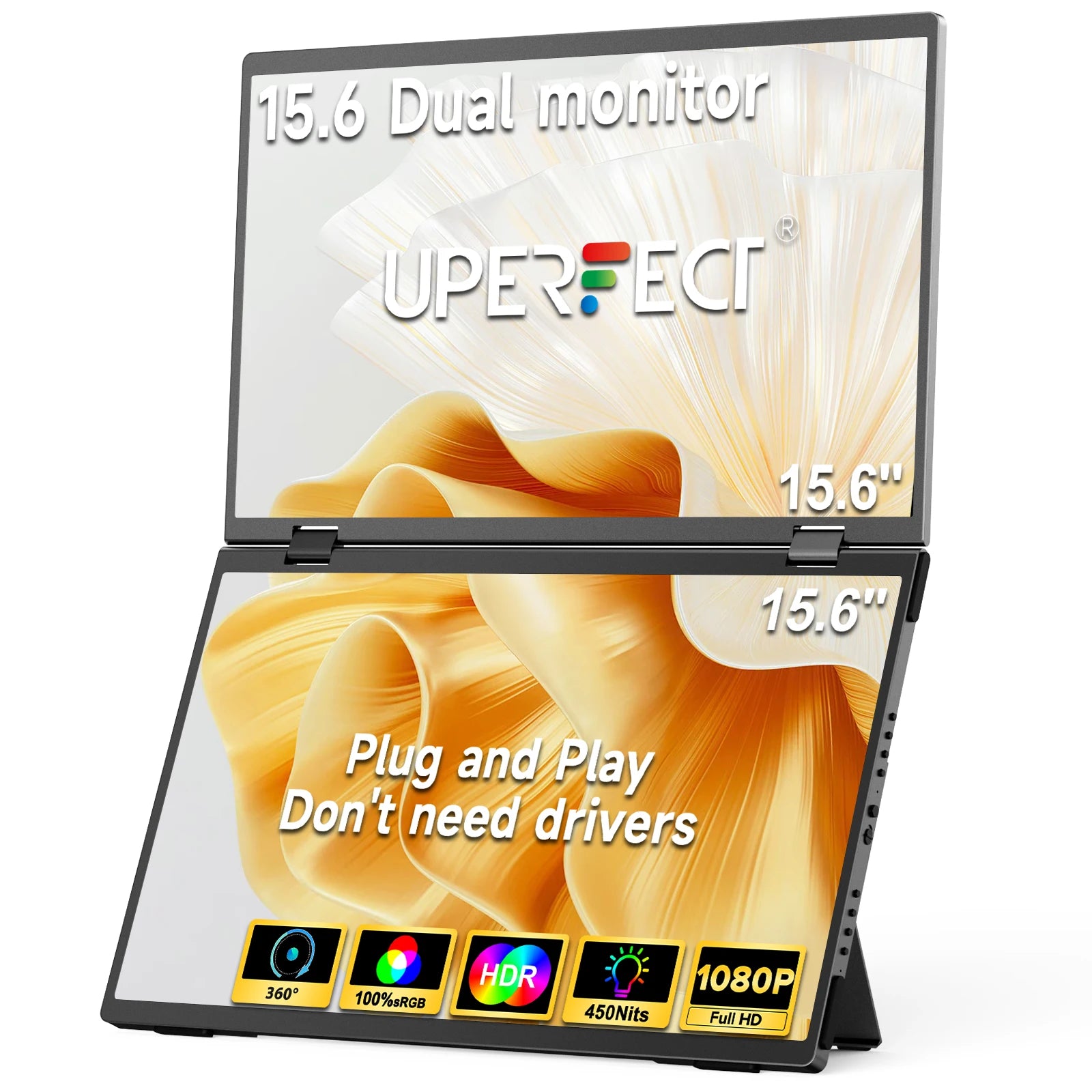 UPERFECT Delta 15.6" Dual Portable Monitor For Laptop Screen Extender 1080P HDR 360° Folding Stacked with Stand For Laptop PC Image principale du produit