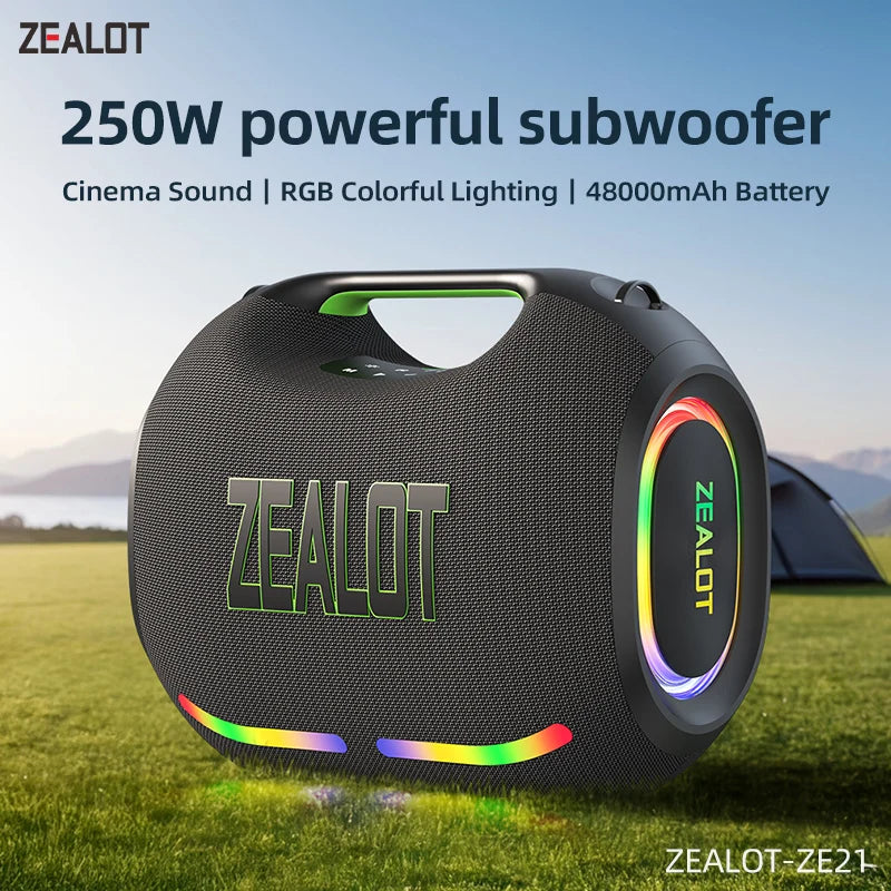ZEALOT-ZE21 250W Portable Bluetooth Speaker High Volume Waterproof 48000mAh Wireless TWS Subwoofer Suporrt USB/TF/AUX RGB light