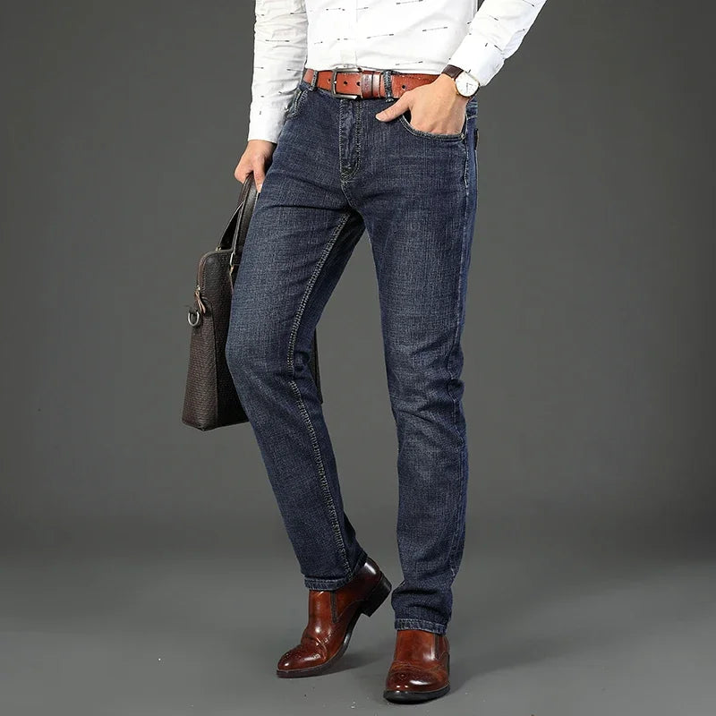 2024  Straight Regular Blue Stretch Denim Trousers Spring Autumn Men Classic Jeans Business Fashion Men's Smart Jeans