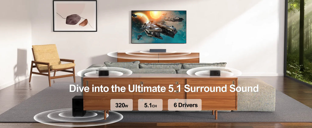 ULTIMEA 5.1 Virtual Surround Soundbar, 3D Surround Sound System, Soundbar for TV with Subwoofer and Rear Speakers, Poseidon D50