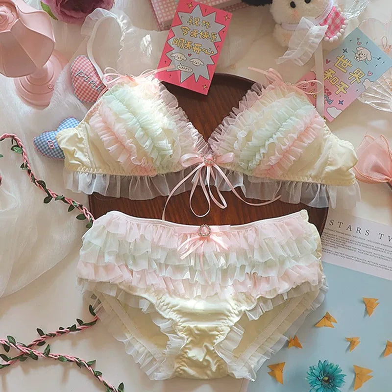 Japanese Style Lolita Princess Lingerie Set Women Pure Desire Cake Layer Lace Mesh Cotton Crotch Party Bra And Panty Set  Cute Main image