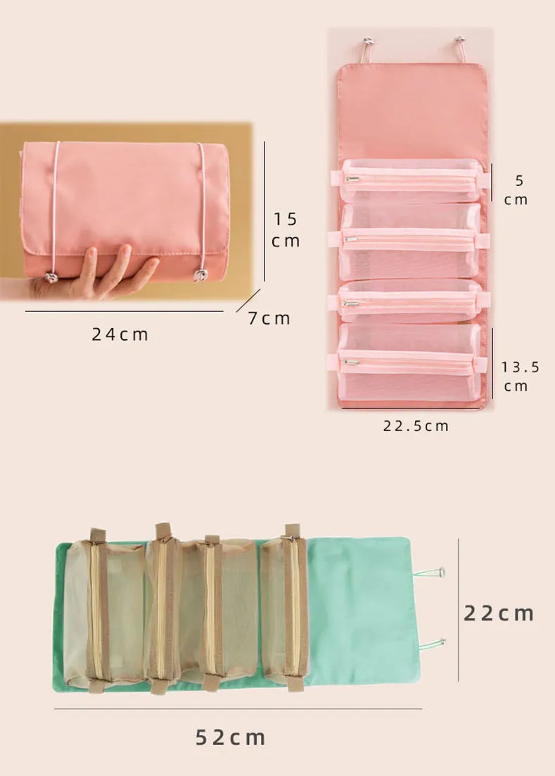 4 in 1 Cosmetic Bag For Women Zipper Mesh Separable Cosmetics Pouch Ladies Foldable Nylon Bag Rope Makeup Bag Kosmetyczka