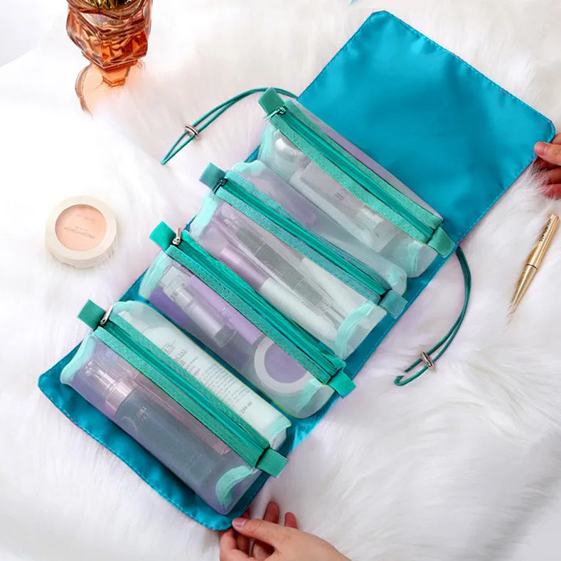 4 in 1 Cosmetic Bag For Women Zipper Mesh Separable Cosmetics Pouch Ladies Foldable Nylon Bag Rope Makeup Bag Kosmetyczka
