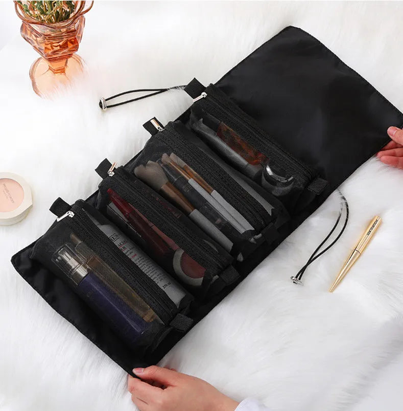 4 in 1 Cosmetic Bag For Women Zipper Mesh Separable Cosmetics Pouch Ladies Foldable Nylon Bag Rope Makeup Bag Kosmetyczka